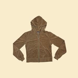Y2K velour L hoodie by Jaclyn B, vintage light brown zip up hooded jacket